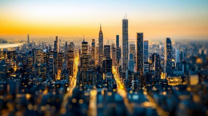 Obraz premium Spectacular City Skyline at Sunset: A Panoramic View of the Urban Metropolis, High-Rise Buildings, and City Lights