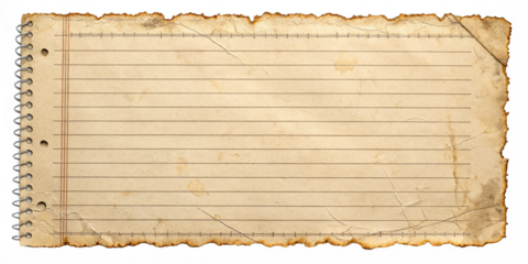  Aged Lined .Torn vintage lined notebook paper with distressed edges and a textured surface, perfect for scrapbooking, background designs, or creative projects. Isolated on transparent background, png