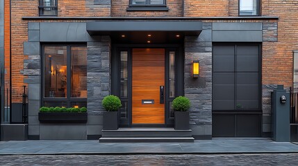 Modern home entrance with wood door and stone facade