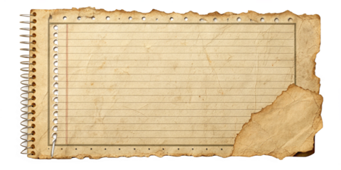  Aged Lined .Torn vintage lined notebook paper with distressed edges and a textured surface, perfect for scrapbooking, background designs, or creative projects. Isolated on transparent background, png