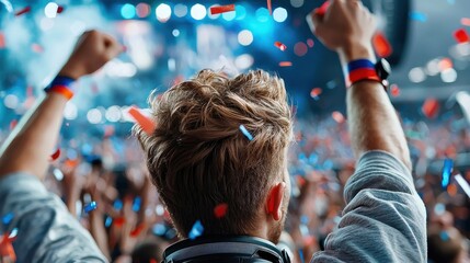Exhilarating festival scene with a dynamic colorful crowd cheering dancing and waving their hands in the air under vibrant stage lights and a flurry of confetti