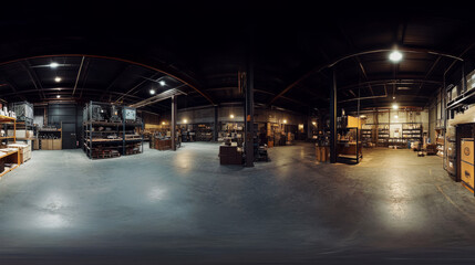 360 degree panorama of dark ware house hall grunge industrial design vr hdr style 3d render illustration