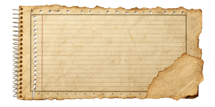  Aged Lined .Torn vintage lined notebook paper with distressed edges and a textured surface, perfect for scrapbooking, background designs, or creative projects. Isolated on transparent background, png