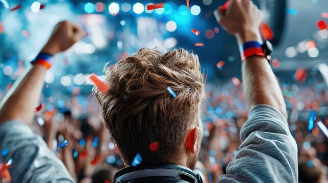 Exhilarating festival scene with a dynamic colorful crowd cheering dancing and waving their hands in the air under vibrant stage lights and a flurry of confetti