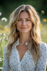 Smiling woman enjoying nature in blooming meadow