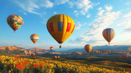 Obraz premium Colorful balloons floating in the sky on a sunny day 3d render illustration. 3D Illustration