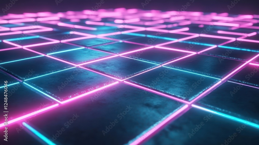 Poster neon lights illuminate a grid of tiles