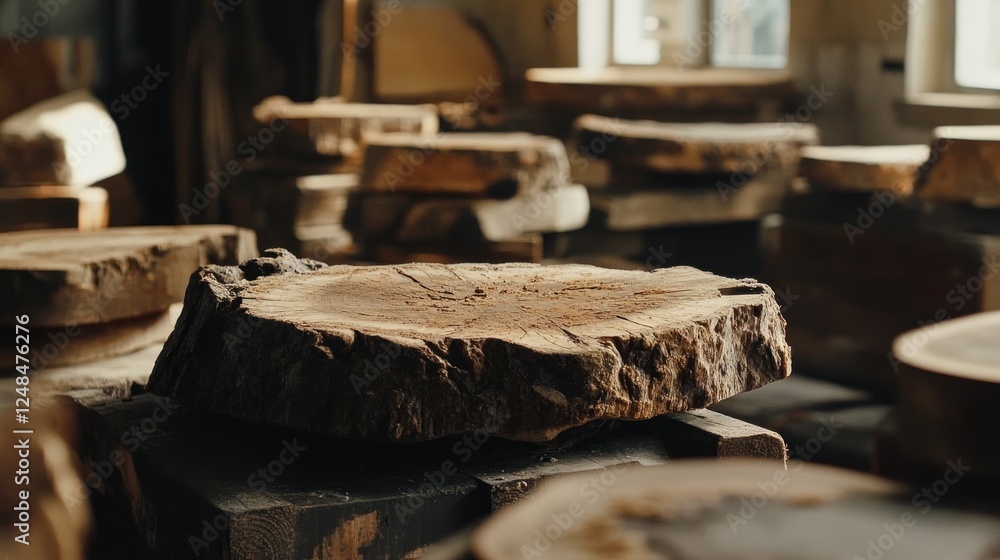 Poster wooden slabs stacked in a workshop setting