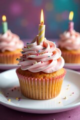 Close-up of single colorful birthday cupcake on white plate, party, cupcake, food