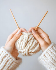 Cozy macro shot of hands knitting wool with shallow depth of field.
