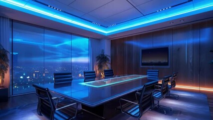 Video of a state-of-the-art conference room lit up with blue lights, ideal for presentations, corporate videos or high-tech product adverts.
