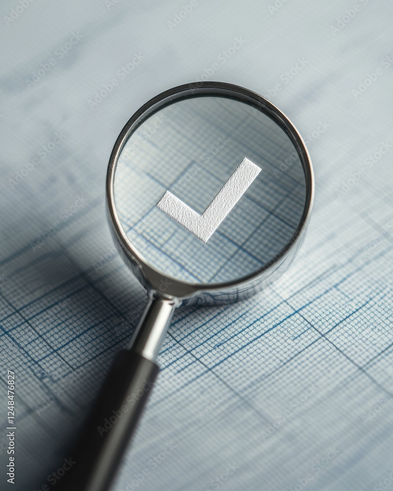 Poster a magnifying glass focuses on a checkmark over a lined paper background, symbolizing verification an