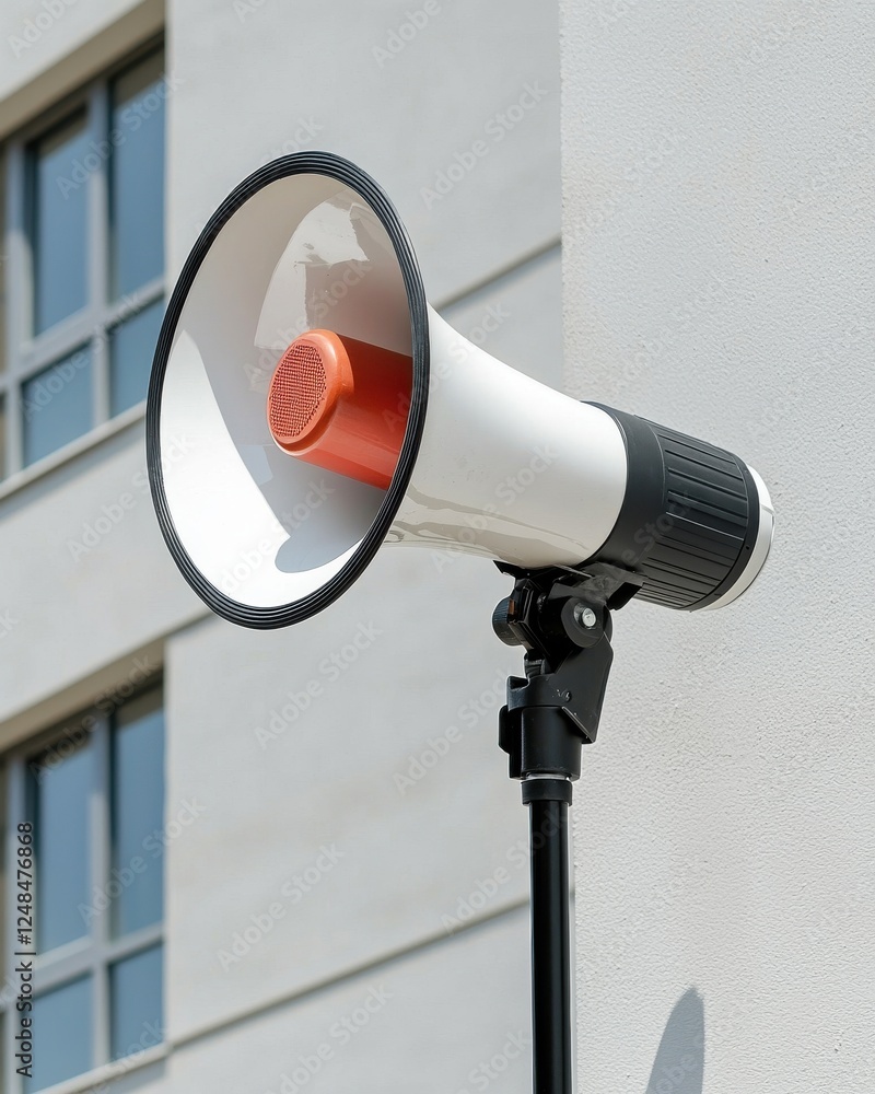 Poster a megaphone mounted on a wall, designed for amplifying sound, against a backdrop of windows in a mod