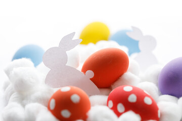 Happy Easter eggs and gift boxes on white background. Easter decoration.
