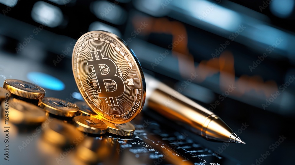 Poster cryptocurrency bitcoin golden coin on keyboard representing digital finance and blockchain technolog