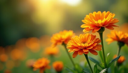 Orange chrysanthemums swaying gently in the breeze, blooming, stems