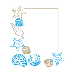 Vector frame with seashells, border of line art tropical sea elements, seashells, starfish