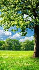 Fototapeta premium Lush green field, sunlight, trees, nature, landscape, peaceful