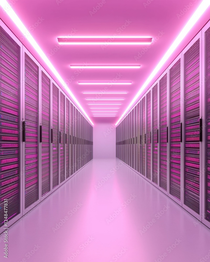Poster a futuristic data center corridor illuminated with vibrant pink lights and lined with server racks.