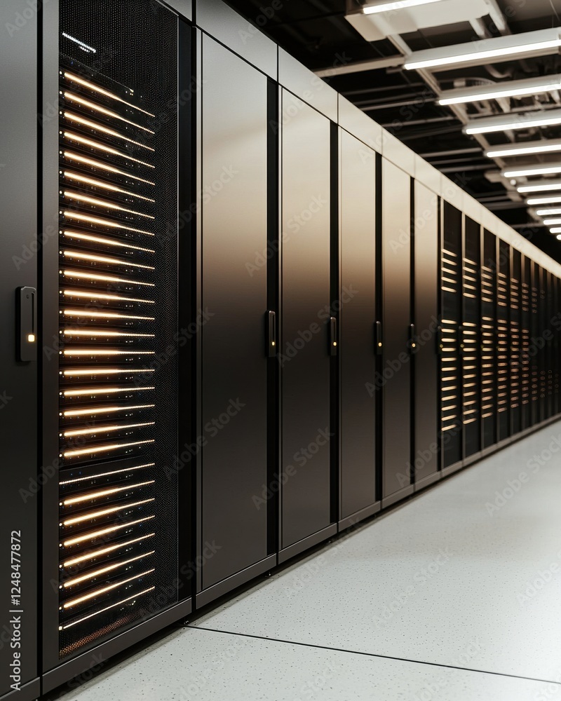 Poster a modern server room featuring sleek black cabinets with illuminated components, designed for effici