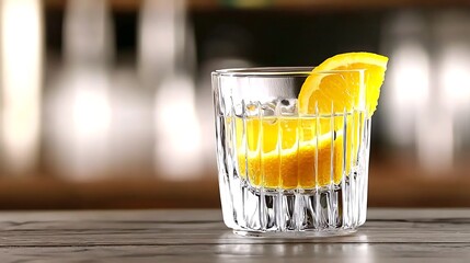 Refreshing glass of beverage with ice and lemon slice on wooden table in bar setting