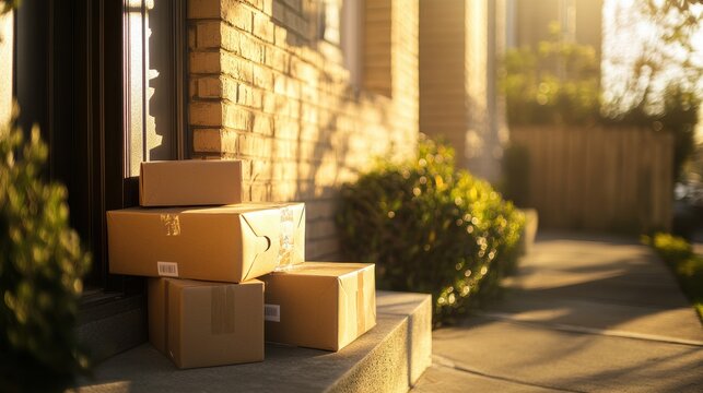Photo of multiple packages stacked neatly on a doorstep, waiting to be collected