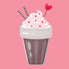 Coffee in glass with whipped cream  and decorative elements isolated on pink background. Coffee for Valentines Day design. Design for  coffeeshops, shops,  cafeterias. Vector illustration.