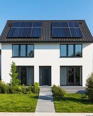 Fototapeta premium A modern house with solar panels, featuring a sleek white exterior and a well-maintained garden, showcasing eco-friendly living.