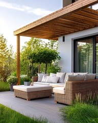 A modern outdoor seating area featuring a cozy sofa, surrounded by greenery and natural light.