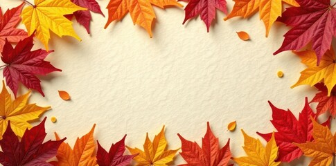 Aged paper texture, vibrant autumn leaves scattered , poster, graphics, backdrop