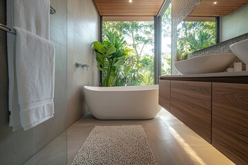 Fototapeta premium Interior of modern bathroom white towel hanging on the wall with copy space