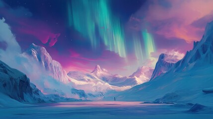 A solitary figure observes the aurora borealis over snowy mountains