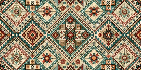 Intricate Geometric Textile Design Featuring a Kaleidoscope of Vibrant Colors and Symmetrical Patterns