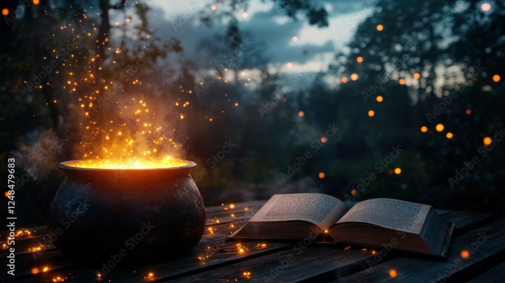 Poster glowing cauldron and open book in enchanted forest
