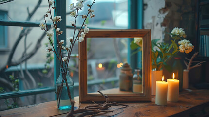 serene interior scene featuring wooden frame mirror, flowers in vase, and candles on rustic table, creating cozy atmosphere