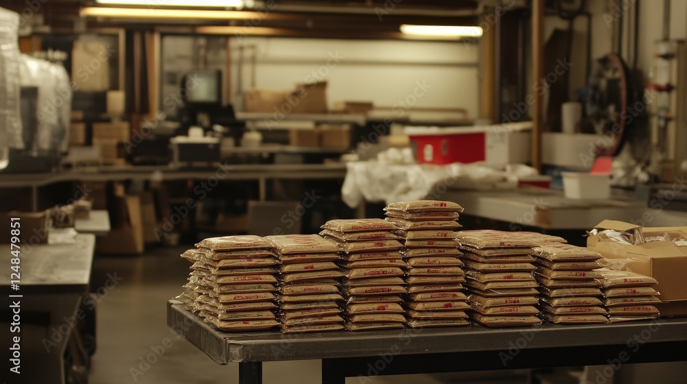Poster stacked packages in a warehouse setting with workstations and storage in the background