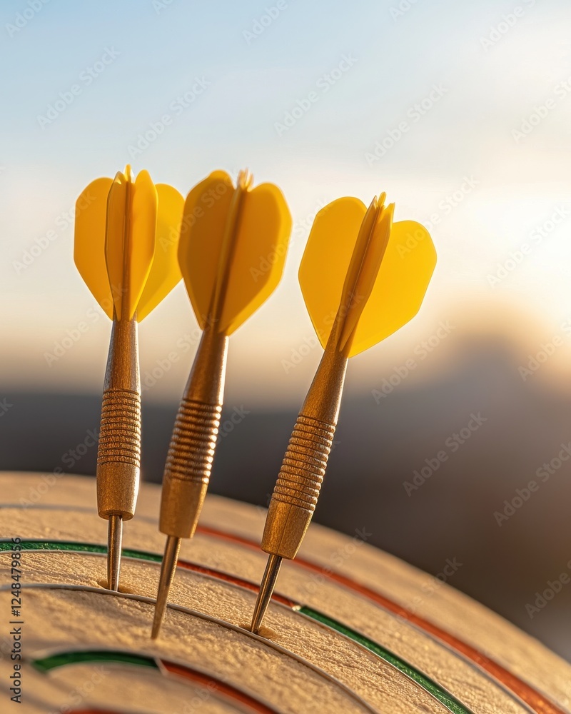 Poster three yellow darts are positioned in a dartboard, capturing the essence of precision and skill in a 