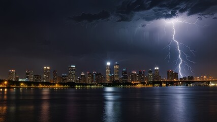 Electric Night Lightning Strike Over City Skyline