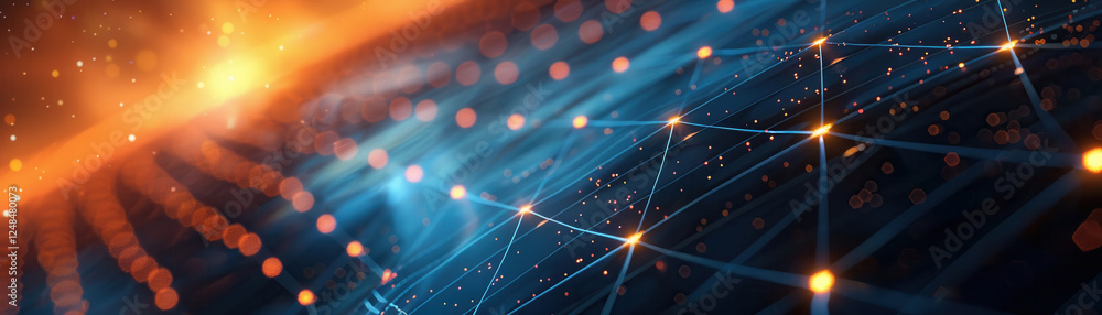 Poster vibrant digital landscape showcasing interconnected lines and glowing nodes, symbolizing technology and innovation. warm colors evoke sense of energy and progress