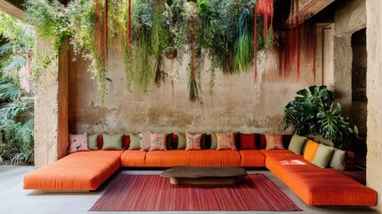 Obraz premium A home featuring a shaded outdoor sitting area with hanging greenery.