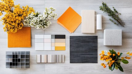 A home interior mood board with fabric swatches and color samples.