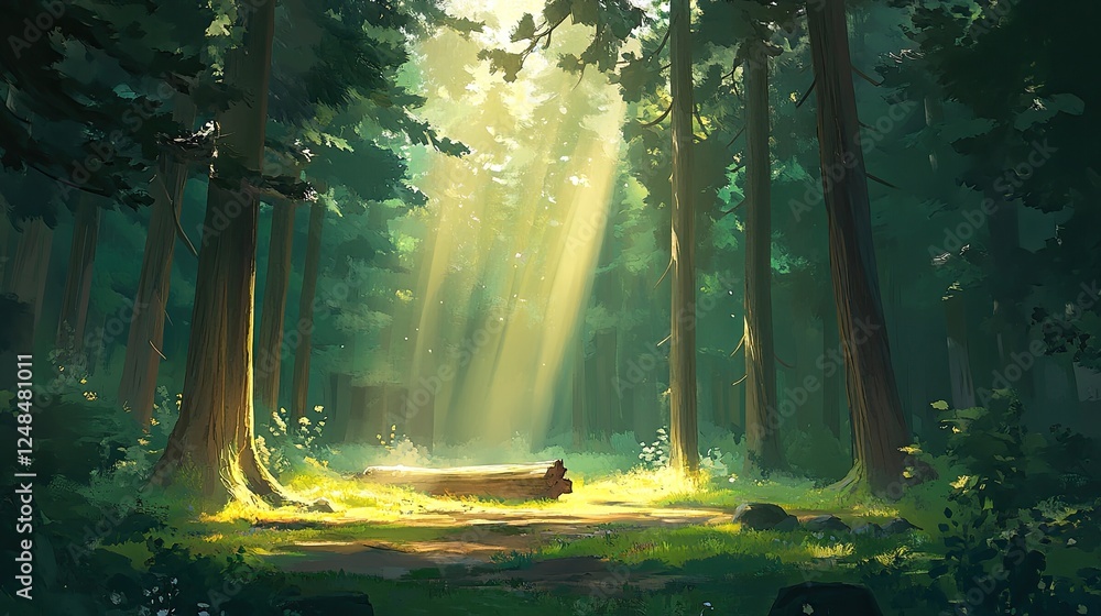 Poster sunlit forest path with log and lush greenery