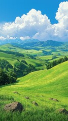 Naklejka premium Sunny green hills, valley, mountains, idyllic landscape, scenic view