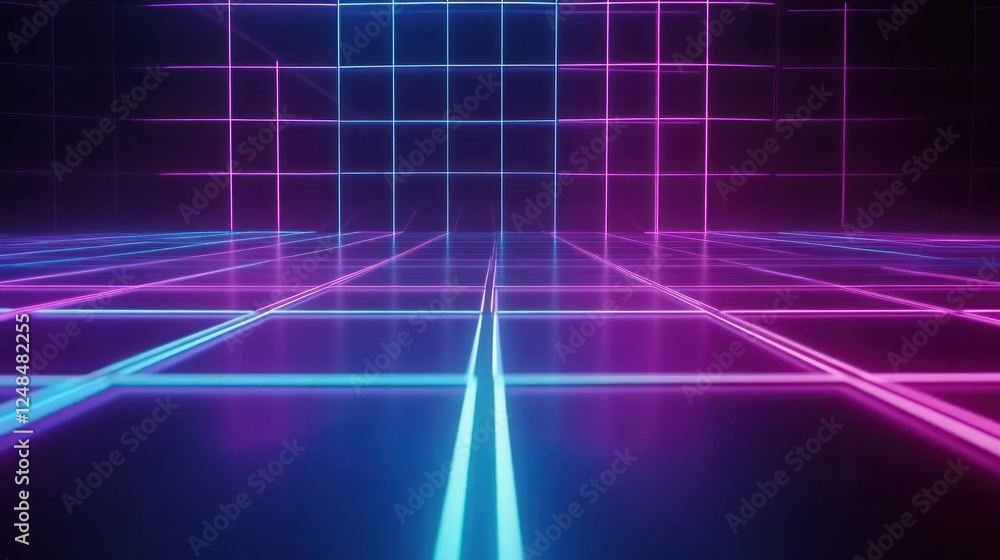 Poster abstract neon grid lines illuminate dark room floor and walls