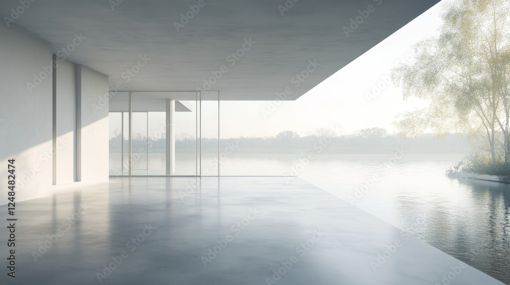 Aufkleber white loft style room with window and concrete floor, architecture mock up, 3d render illustration w