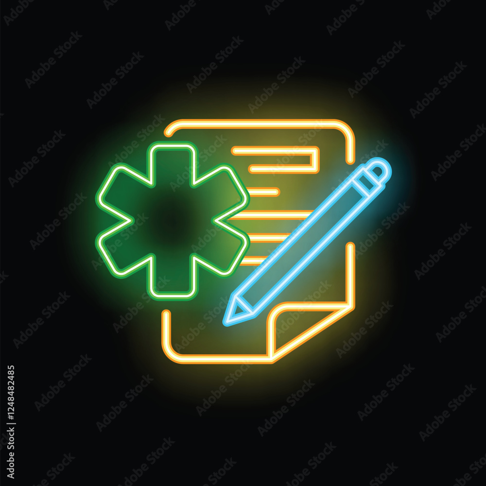 Canvas Prints Neon medical record icon glowing on a dark background, representing emergency medical services and healthcare