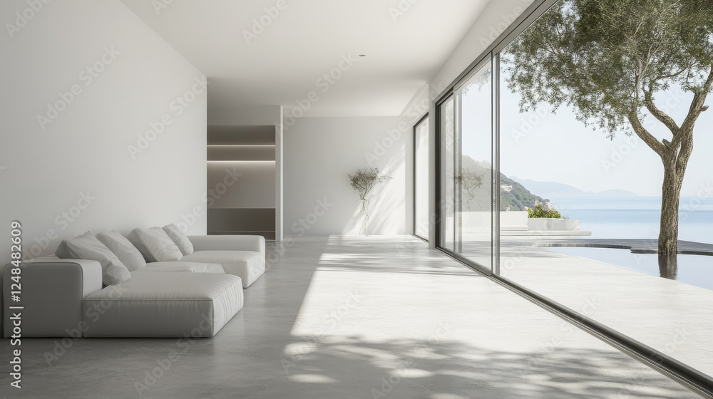 Aufkleber white loft style room with window and concrete floor, architecture mock up, 3d render illustration w