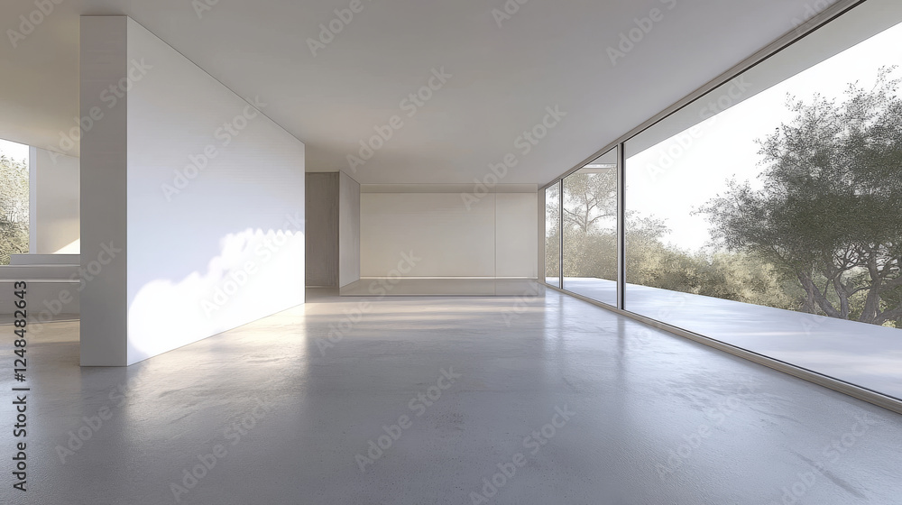 Aufkleber white loft style room with window and concrete floor, architecture mock up, 3d render illustration w