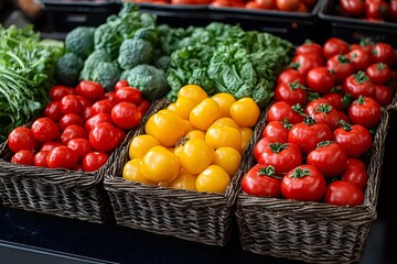 Vibrant Display of Fresh Vegetables at Farmers Market: Tomatoes, Peppers, and Greens