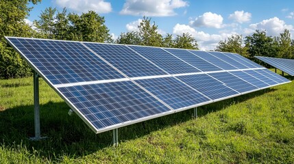 Harnessing the Sun's Power: A Stunning View of Solar Panels in a Lush Green Field